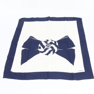 Chanel Silk Ribbon Scarf/Muffler, Navy, Large Size, Women's